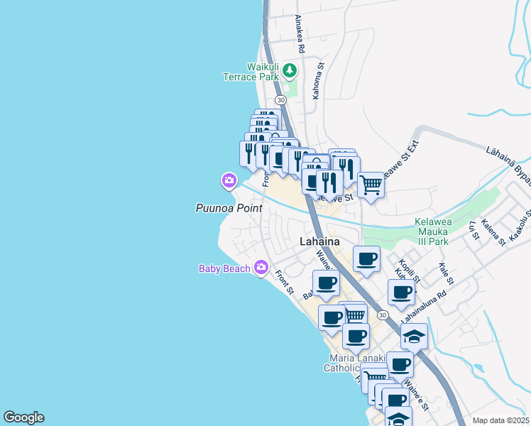 map of restaurants, bars, coffee shops, grocery stores, and more near 328 Kahoma Village Loop in Lahaina