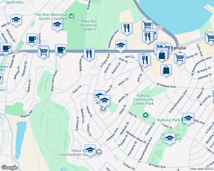 map of restaurants, bars, coffee shops, grocery stores, and more near 179 Kono Place in Kahului