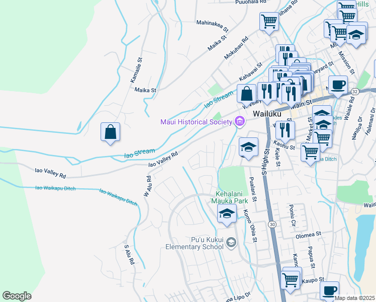 map of restaurants, bars, coffee shops, grocery stores, and more near 2609 Main Street in Wailuku