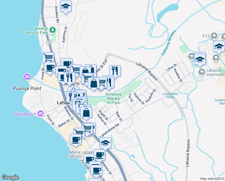map of restaurants, bars, coffee shops, grocery stores, and more near 214 Kupuohi Street in Lahaina