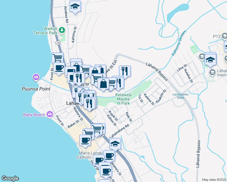 map of restaurants, bars, coffee shops, grocery stores, and more near 169 Kupuohi Street in Lahaina