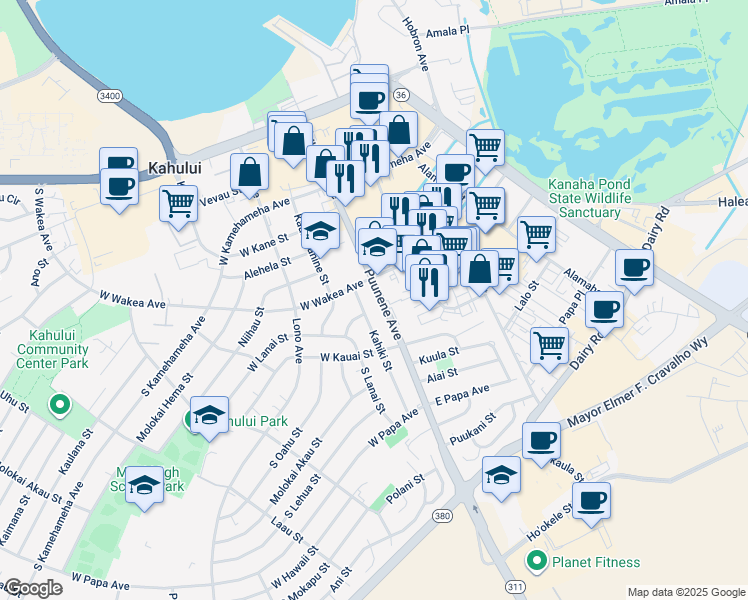 map of restaurants, bars, coffee shops, grocery stores, and more near 280 Puunene Avenue in Kahului