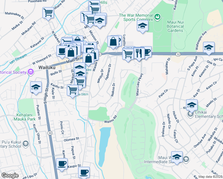 map of restaurants, bars, coffee shops, grocery stores, and more near 181 Nakoa Drive in Wailuku