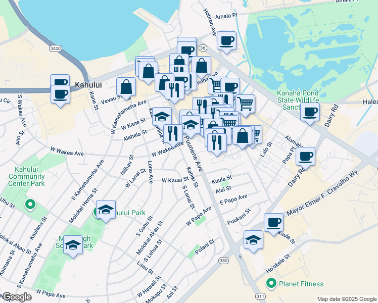 map of restaurants, bars, coffee shops, grocery stores, and more near 280 Puunene Avenue in Kahului