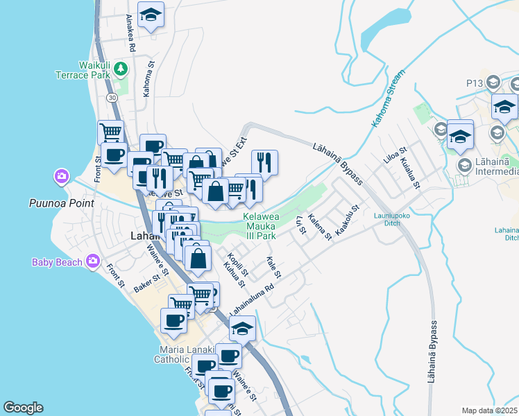 map of restaurants, bars, coffee shops, grocery stores, and more near 214 Kupuohi Street in Lahaina