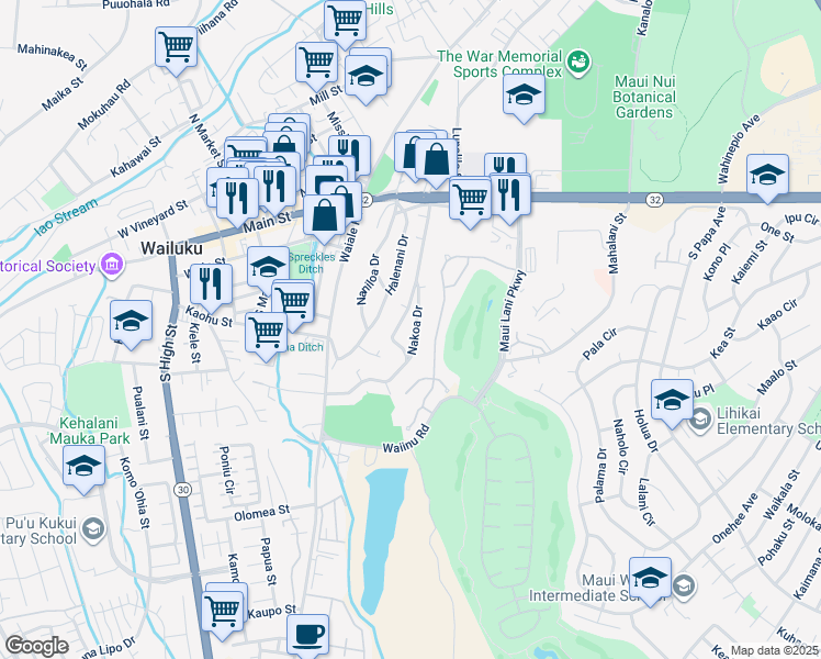 map of restaurants, bars, coffee shops, grocery stores, and more near 181 Nakoa Drive in Wailuku