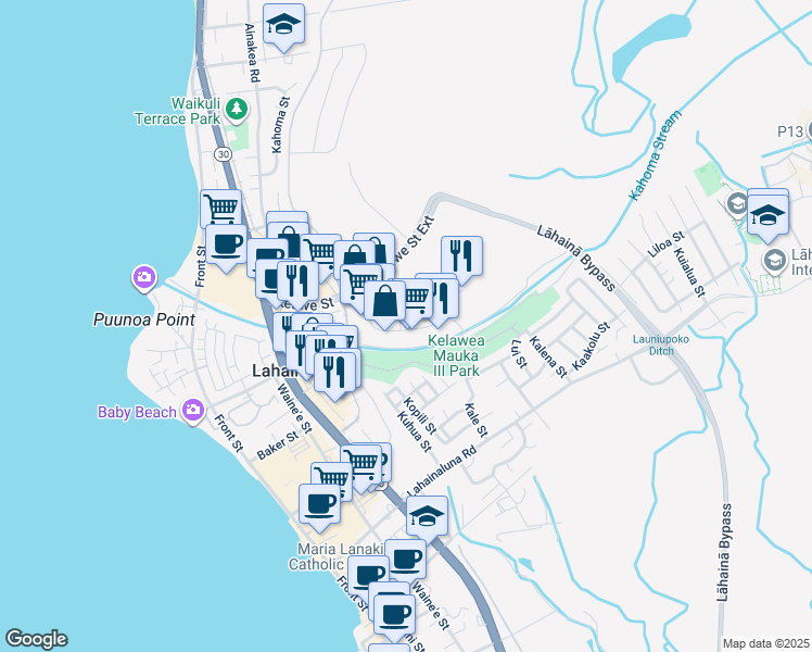 map of restaurants, bars, coffee shops, grocery stores, and more near 147 Kupuohi Street in Lahaina