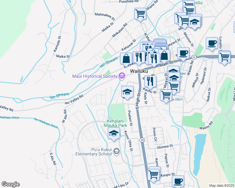 map of restaurants, bars, coffee shops, grocery stores, and more near 318 Lau Manamana Street in Wailuku