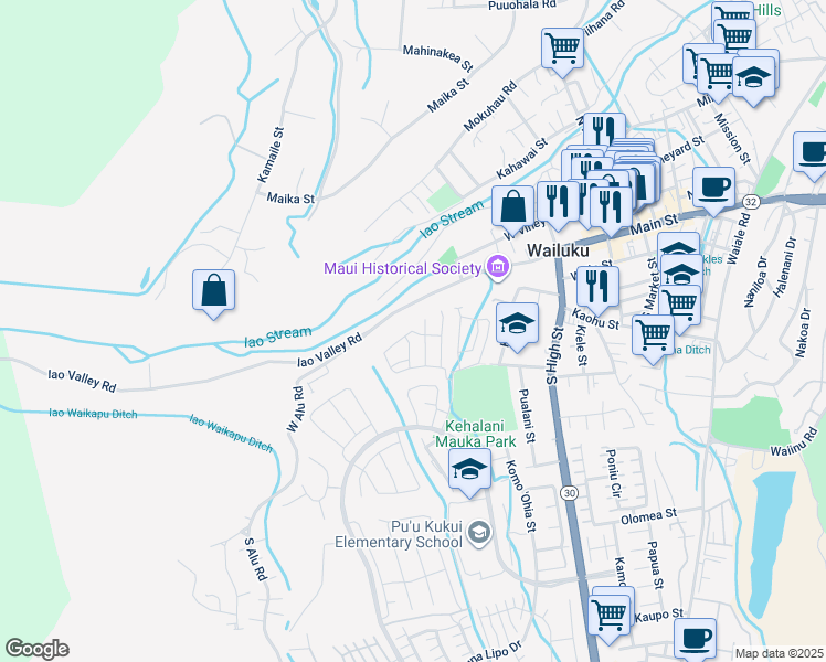 map of restaurants, bars, coffee shops, grocery stores, and more near 138 Hoolaau Street in Wailuku