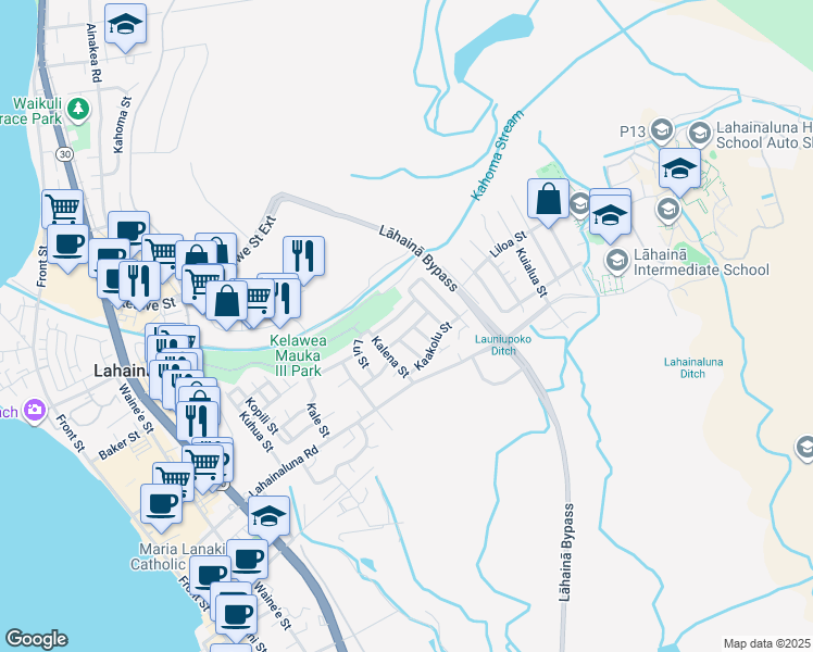 map of restaurants, bars, coffee shops, grocery stores, and more near 604 Kahena Street in Lahaina