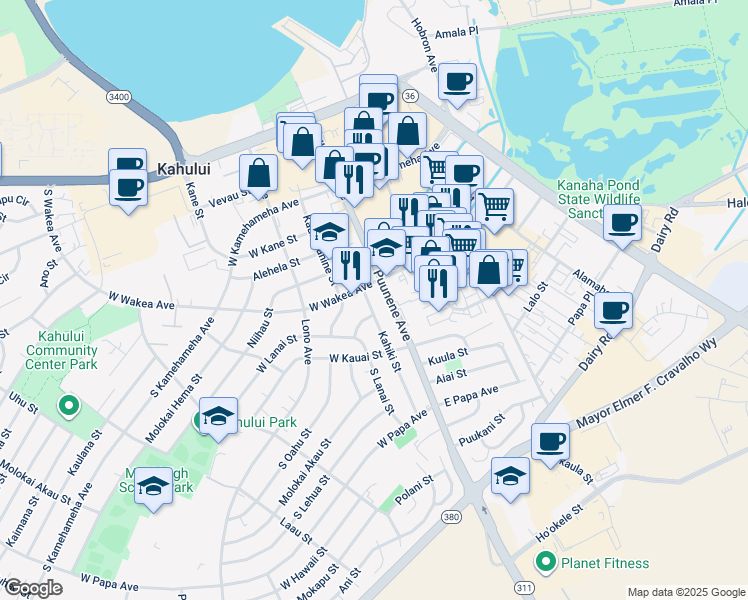 map of restaurants, bars, coffee shops, grocery stores, and more near 273 Kahiki Street in Kahului