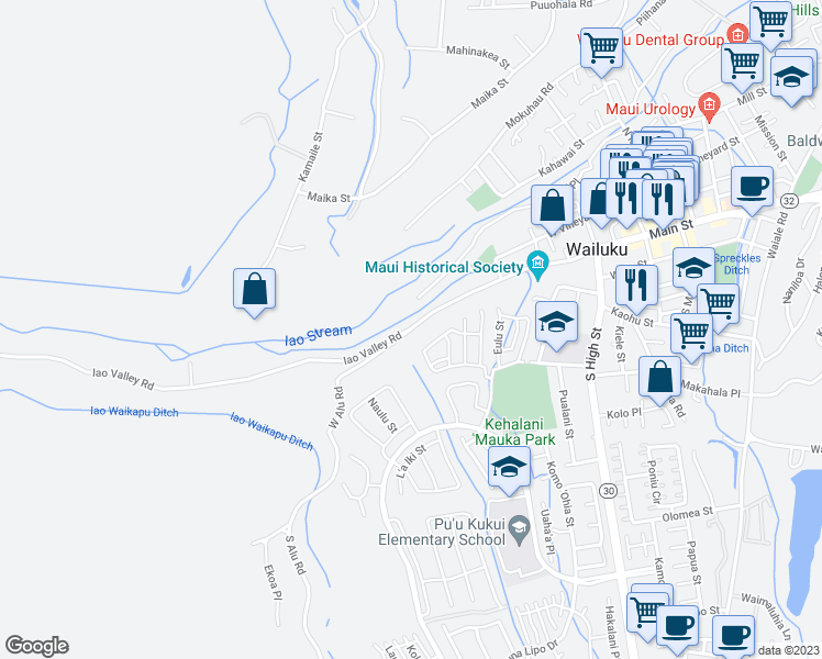 map of restaurants, bars, coffee shops, grocery stores, and more near 0 Iao Valley Road in Wailuku