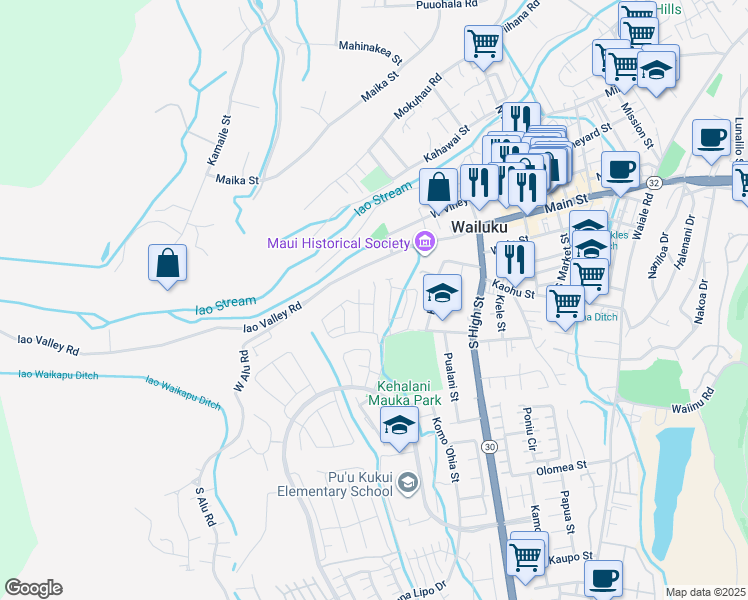 map of restaurants, bars, coffee shops, grocery stores, and more near 44 Kakawahie Place in Wailuku