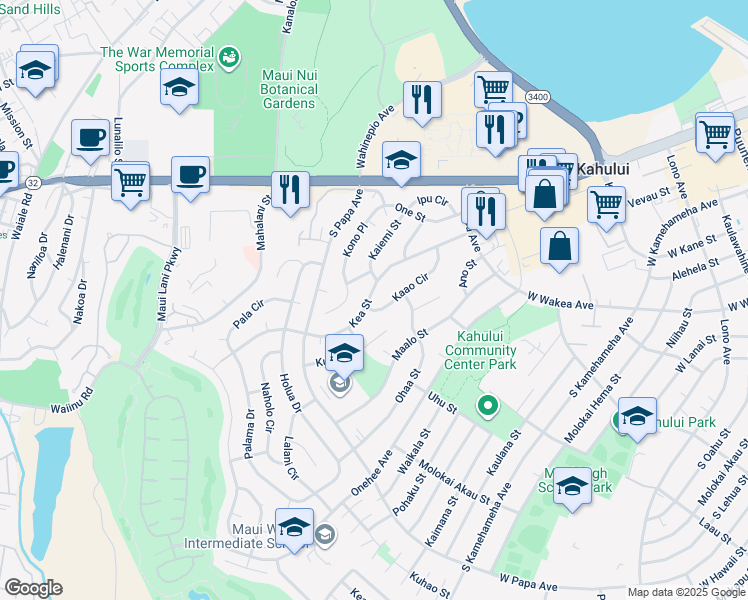 map of restaurants, bars, coffee shops, grocery stores, and more near 547 Kea Street in Kahului