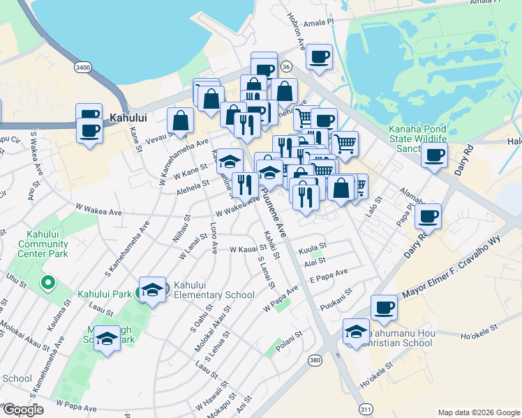 map of restaurants, bars, coffee shops, grocery stores, and more near 273 Kahiki Street in Kahului