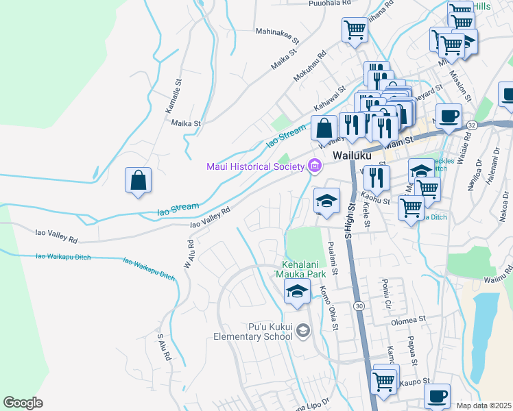 map of restaurants, bars, coffee shops, grocery stores, and more near 139 Hoolaau Street in Wailuku