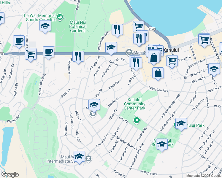 map of restaurants, bars, coffee shops, grocery stores, and more near 499 Kaao Circle in Kahului