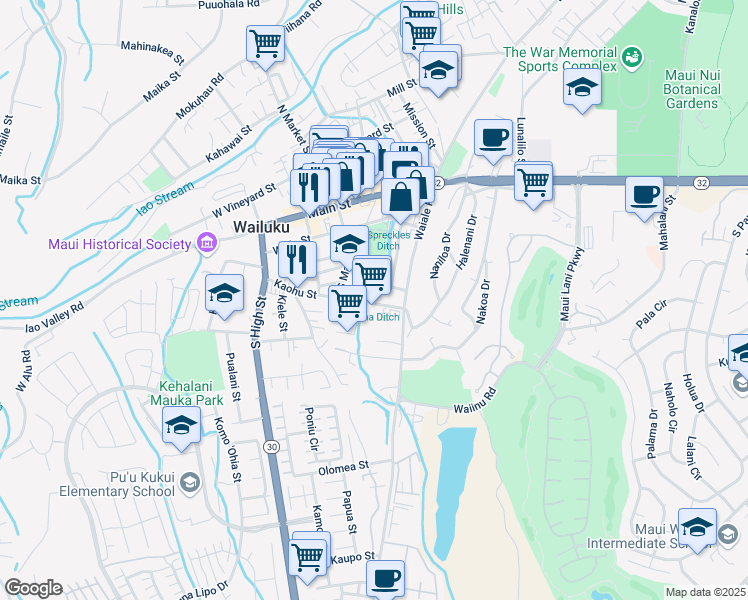 map of restaurants, bars, coffee shops, grocery stores, and more near 1838 Kaohu Street in Wailuku