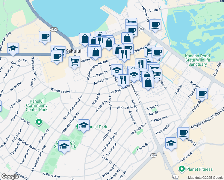 map of restaurants, bars, coffee shops, grocery stores, and more near 102 West Wakea Avenue in Kahului