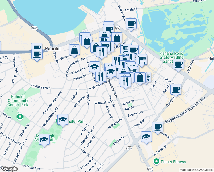 map of restaurants, bars, coffee shops, grocery stores, and more near 273 Kahiki Street in Kahului