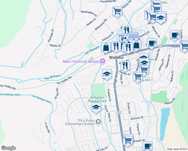 map of restaurants, bars, coffee shops, grocery stores, and more near Eulu Street in Wailuku