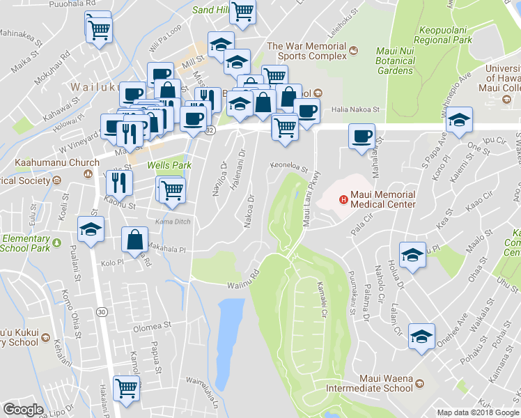 map of restaurants, bars, coffee shops, grocery stores, and more near 128 Keoneloa Street in Wailuku