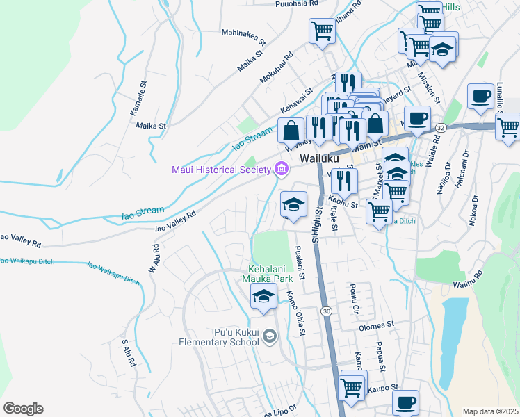 map of restaurants, bars, coffee shops, grocery stores, and more near 126 Eulu Street in Wailuku