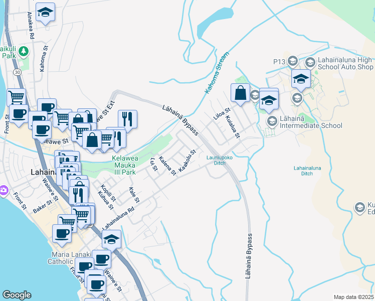 map of restaurants, bars, coffee shops, grocery stores, and more near 853 Kanakea Loop in Lahaina