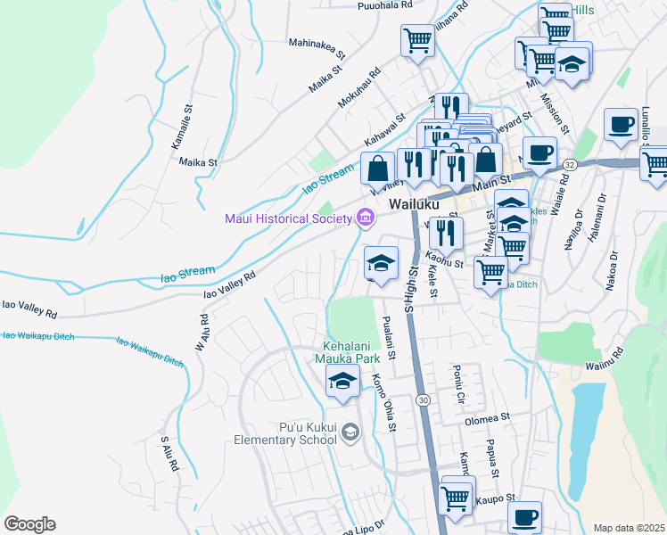 map of restaurants, bars, coffee shops, grocery stores, and more near 132 Eulu Street in Wailuku