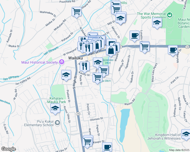 map of restaurants, bars, coffee shops, grocery stores, and more near Kaohu Street in Wailuku
