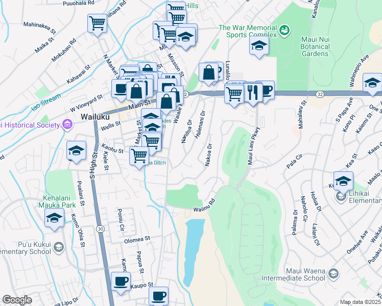 map of restaurants, bars, coffee shops, grocery stores, and more near 290 Halenani Drive in Wailuku