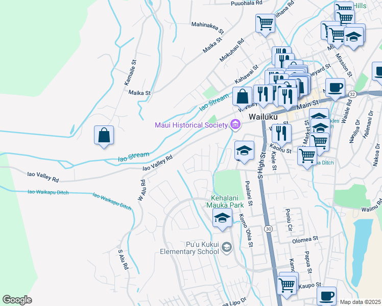 map of restaurants, bars, coffee shops, grocery stores, and more near 137 Hoolaau Street in Wailuku