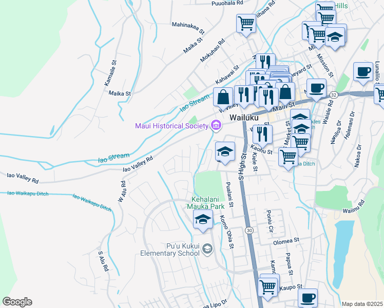 map of restaurants, bars, coffee shops, grocery stores, and more near 46 Kakawahie Place in Wailuku