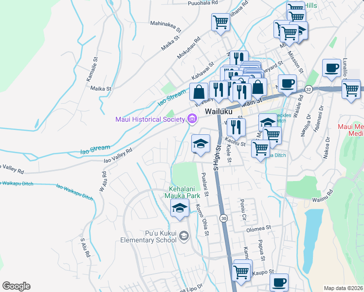 map of restaurants, bars, coffee shops, grocery stores, and more near 319 Lau Manamana Street in Wailuku