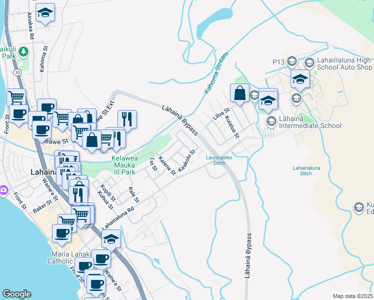map of restaurants, bars, coffee shops, grocery stores, and more near 853 Kanakea Loop in Lahaina