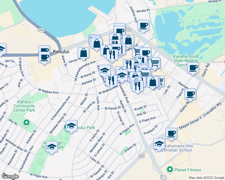 map of restaurants, bars, coffee shops, grocery stores, and more near 43 West Wakea Avenue in Kahului