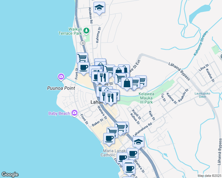 map of restaurants, bars, coffee shops, grocery stores, and more near 28 East Kuu Aku Lane in Lahaina