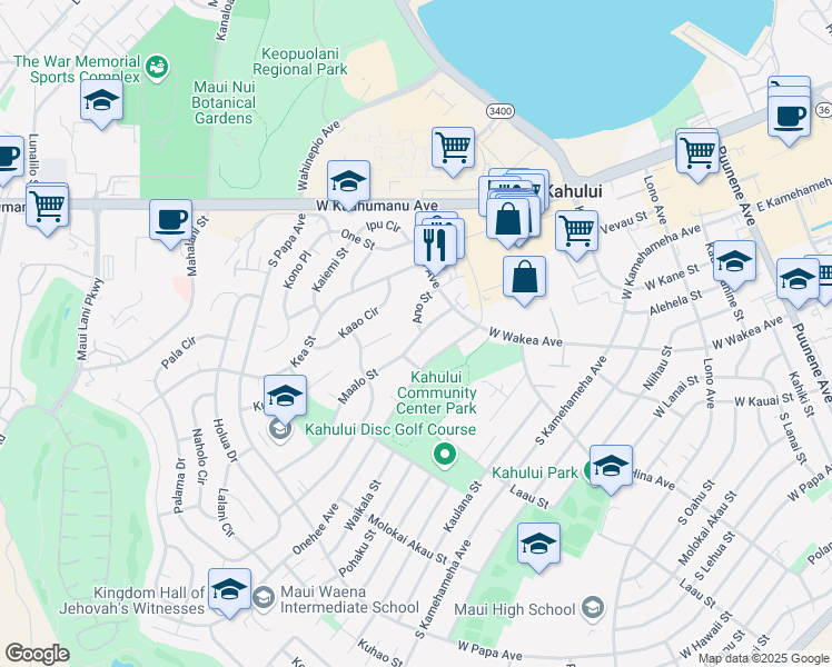 map of restaurants, bars, coffee shops, grocery stores, and more near 414 Maalo Street in Kahului
