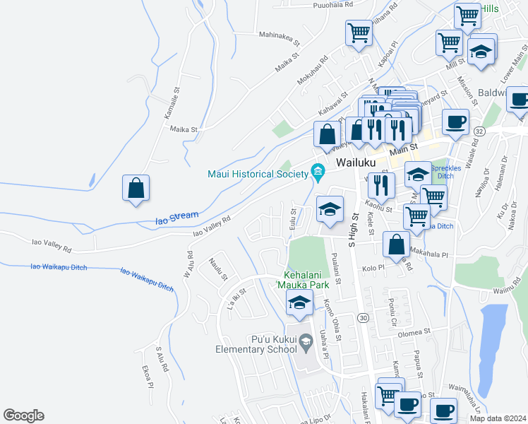 map of restaurants, bars, coffee shops, grocery stores, and more near 149 Hoolaau Street in Wailuku