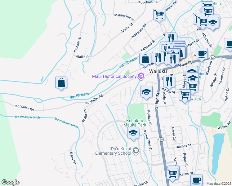 map of restaurants, bars, coffee shops, grocery stores, and more near 137 Hoolaau Street in Wailuku