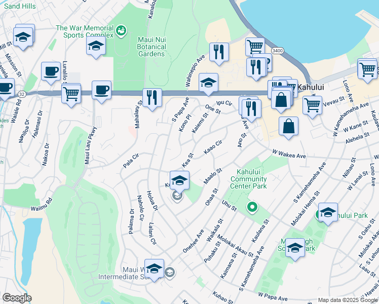 map of restaurants, bars, coffee shops, grocery stores, and more near 548 Kea Street in Kahului