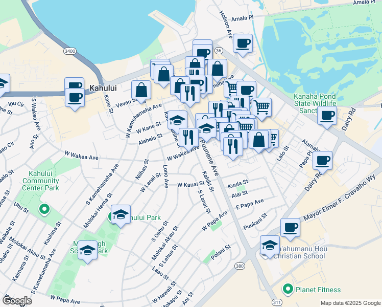 map of restaurants, bars, coffee shops, grocery stores, and more near 43 West Wakea Avenue in Kahului