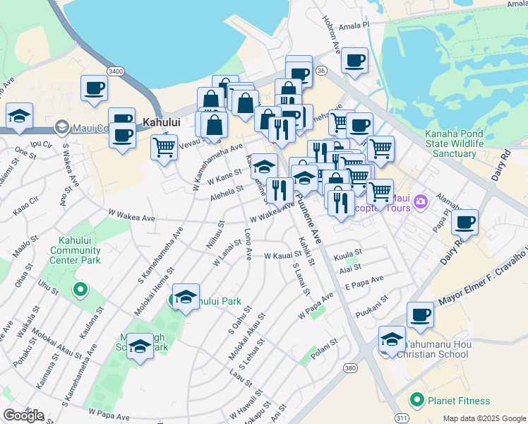 map of restaurants, bars, coffee shops, grocery stores, and more near 78 West Wakea Avenue in Kahului