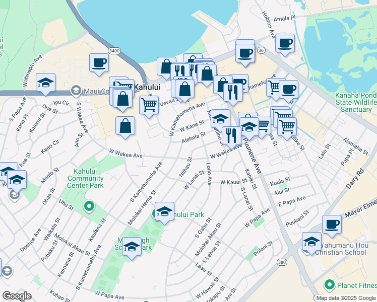 map of restaurants, bars, coffee shops, grocery stores, and more near 156 Niihau Street in Kahului