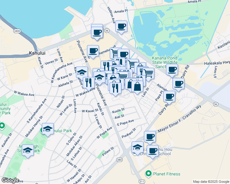 map of restaurants, bars, coffee shops, grocery stores, and more near 314 Hoohana Street in Kahului