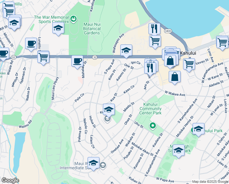 map of restaurants, bars, coffee shops, grocery stores, and more near 548 Kea Street in Kahului