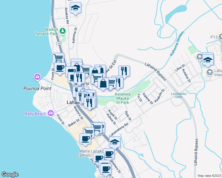 map of restaurants, bars, coffee shops, grocery stores, and more near 157 Kupuohi Street in Lahaina