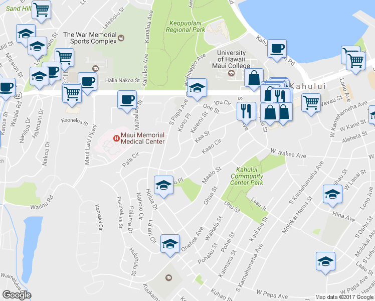 map of restaurants, bars, coffee shops, grocery stores, and more near 548 Kea Street in Kahului