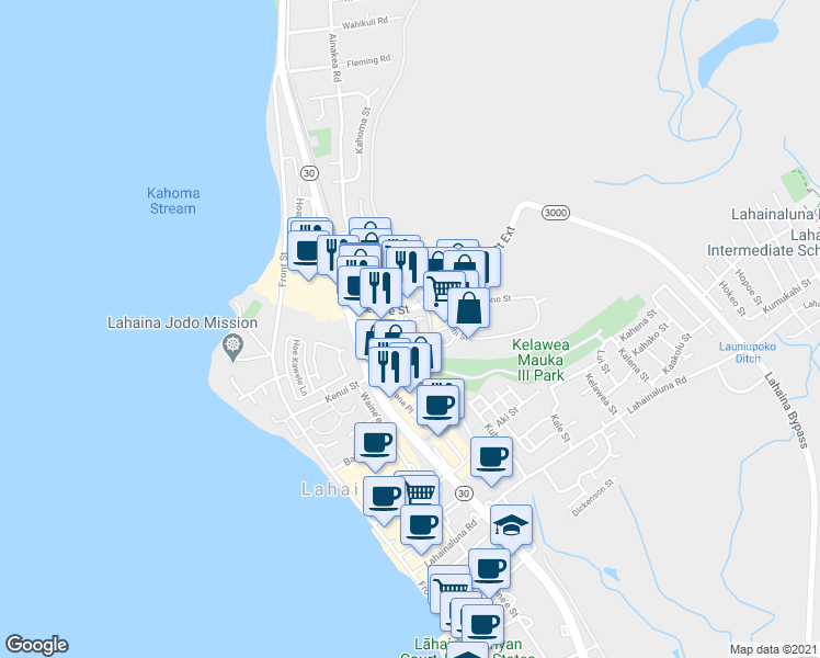 map of restaurants, bars, coffee shops, grocery stores, and more near 28 East Kuu Aku Lane in Lahaina