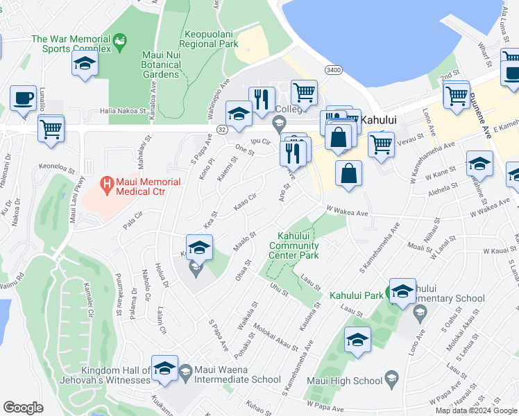 map of restaurants, bars, coffee shops, grocery stores, and more near 450 Aleo Place in Kahului
